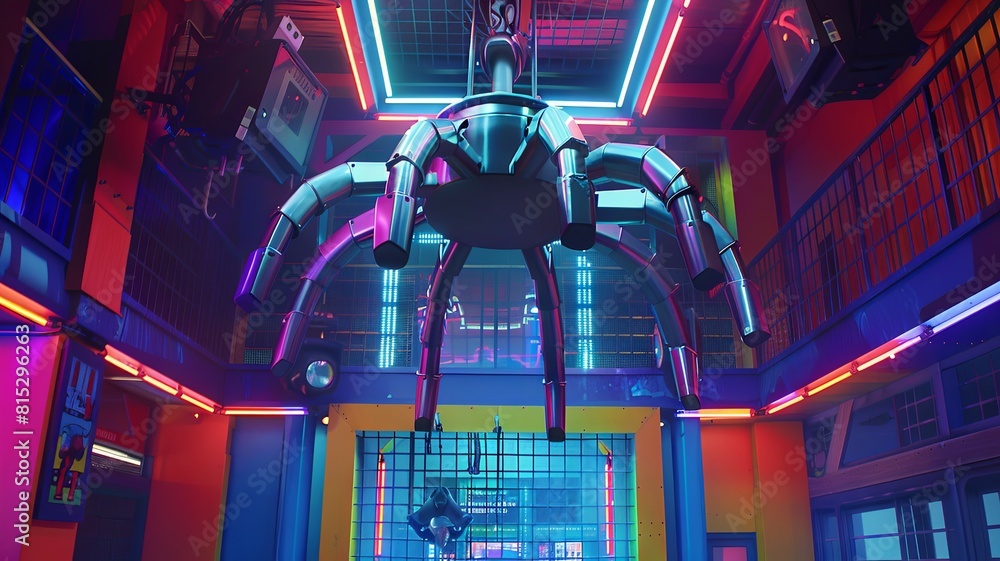 Poster futuristic robot arms in colorful arcade - an intricate set of robot arms dominates a neon-lit arcad
