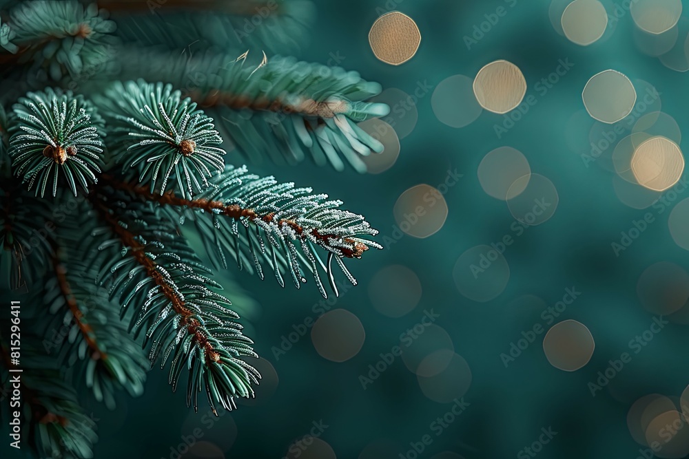 Poster frosted pine branch against bokeh lights - crisp pine needles with frost against a softly blurred ba