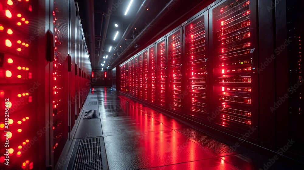 Poster data center with red led lights - data center aisle with server racks and red led lighting for a hig