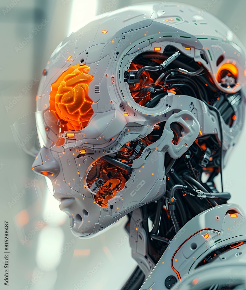 Poster robot head with exposed brain - detailed robotic head with an exposed glowing brain, showcasing futu