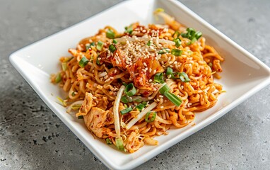 Spicy Korean noodle dish close-up - Delightful close-up of a spicy Korean noodle dish garnished with sesame seeds and green onions on a square plate