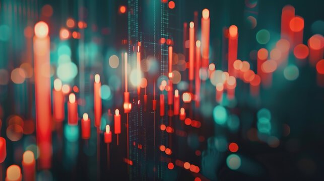 Financial market analysis portrayed with candlestick charts and economic indicators, depicting market volatility and trends.
