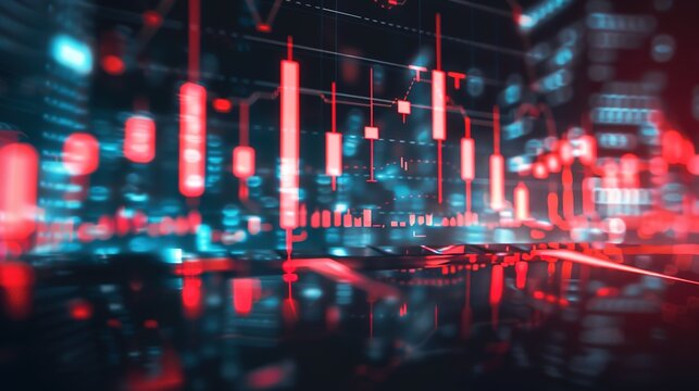 Financial market analysis portrayed with candlestick charts and economic indicators, depicting market volatility and trends.