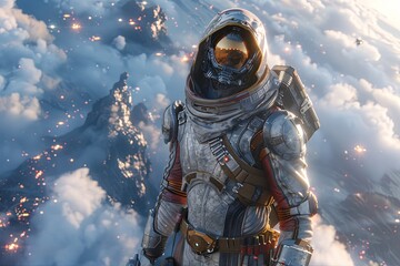 Fototapeta premium Visored Combat: Symphony of a Sci-Fi Bounty Hunter in Celestial Smoke