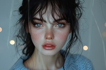 Cute Cheese-loving Girl: Blue-sweatered Art with Black Hair
