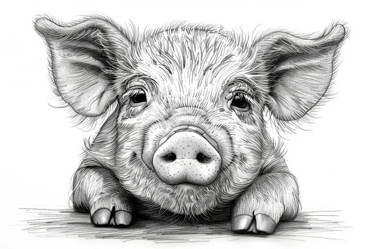 Adorable Miniature Pig with Unique Head Design: Detailed Ink Drawing