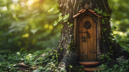 magic wooden fairy door in tree trunk, abstract natural background. Fairytale tree house in green woodland, pixie and elf home. mystery forest. template for design