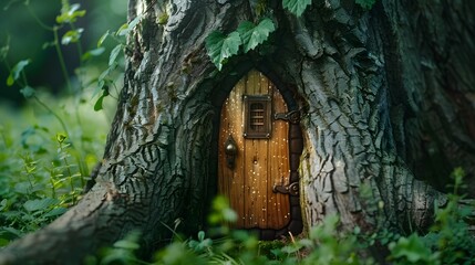 magic wooden fairy door in tree trunk, abstract natural background. Fairytale tree house in green woodland, pixie and elf home. mystery forest. template for design