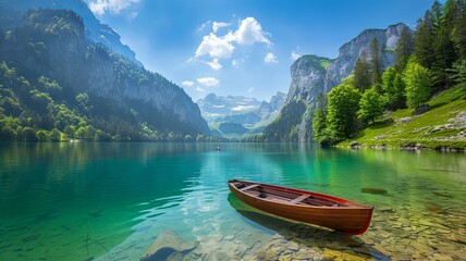 Idyllic mountain lake with boat scene - Serene landscape image of a calm lake with a single boat in front, majestic mountains in the background