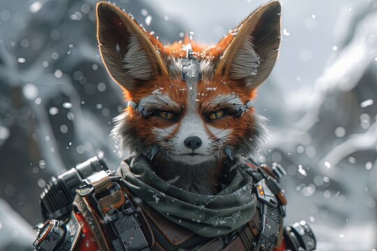 Dreamy Snowy Mountain Scene: Cyborg Fennec Fox Warrior