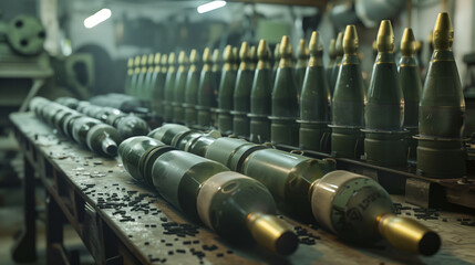 Ammunition depot. A large amount of military ammunition is laid out on the table. The scene is tense and serious