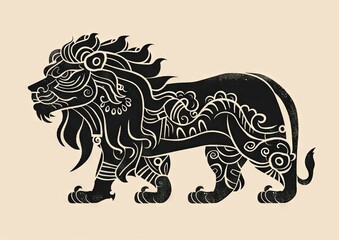 Fototapeta premium Black tribal lion illustration on beige - Traditional tribal-inspired lion illustration in black featuring intricate patterns and designs on a simple beige background