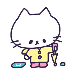 レインコートを着て傘を持ってるかわいい白い色の子猫のイラスト