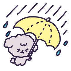 大雨の中傘をさしているかわいいトイプードルの子犬のイラスト