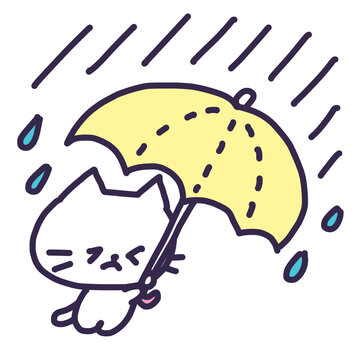 大雨の中傘をさしているかわいい白い色の子猫のイラスト