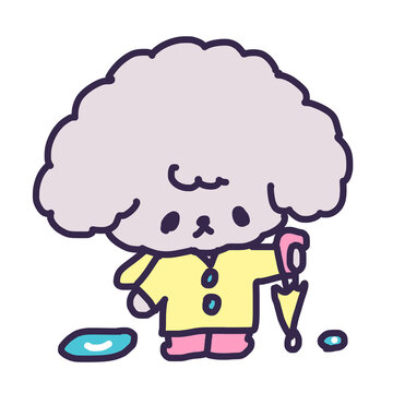 レインコートを着て傘を持ってるかわいいトイプードルの子犬のイラスト