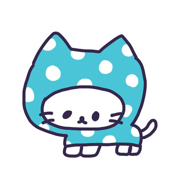 レインコートを着てるかわいい白い色の子猫のイラスト