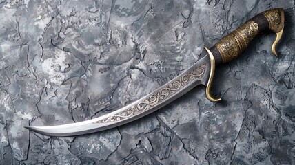 Ornate scimitar on textured stone background, detailed hilt