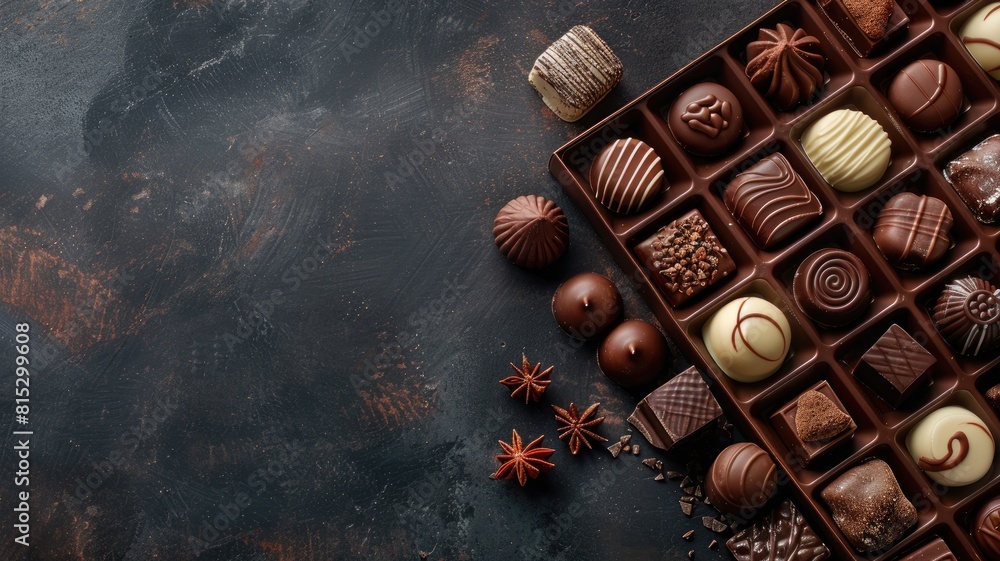 Poster Assorted chocolates in box on dark textured surface