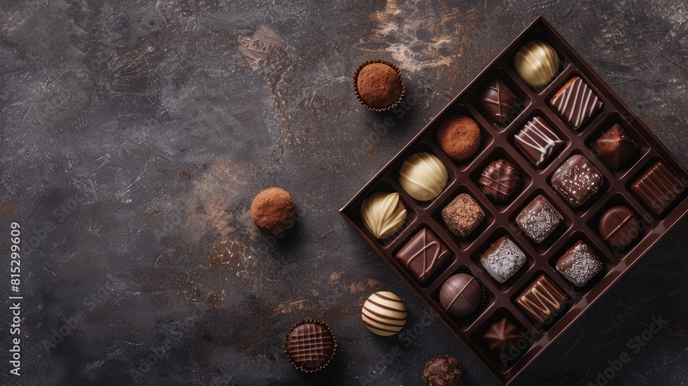 Poster box of assorted chocolates on textured dark background