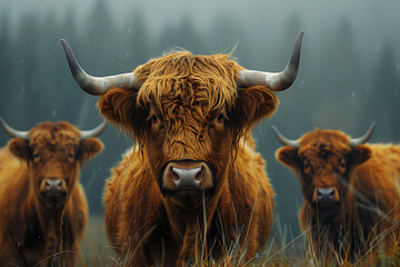 portrait of Scottish highland cattle on pasture