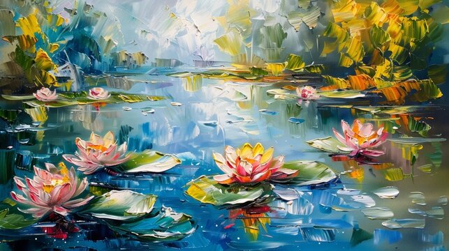 Water Lilies Impressionist style painting of water lilies on a pond