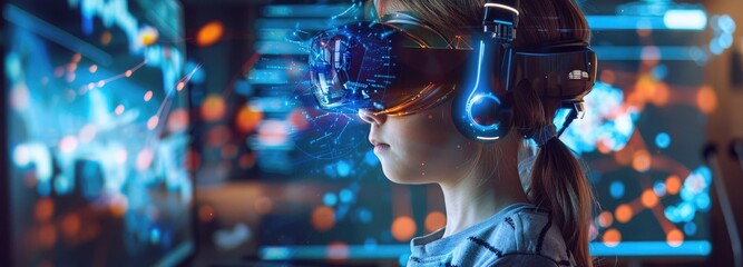 Science technology concept. Education new technology. EdTech. Child uses a futuristic processor for augmented reality. high technology and communication