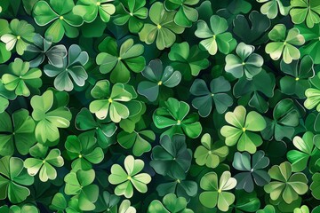 Large green field of clover in the forest. St. Patrick's Day concept