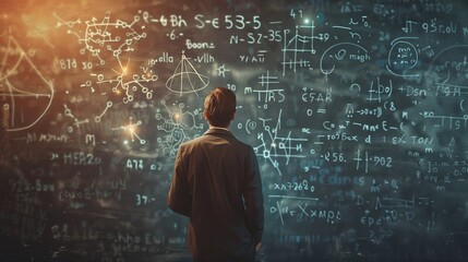 Mathematician solving complex equations on a chalkboard filled with elegant symbols and diagrams.