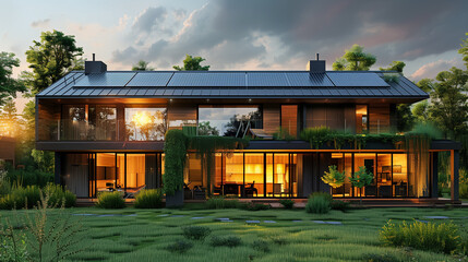 Showcasing sustainability, this luxury home integrates solar panels, smart architecture, and energy systems with stylish outdoor living spaces and lush greenery.