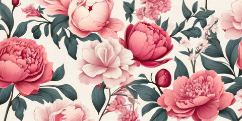 Flower and plant. Floral classic seamless print in shabby chic style. Flowers vector illustration: peony, rose, aster, leaves and plants for background, pattern and wallpaper Generative AI Techonology