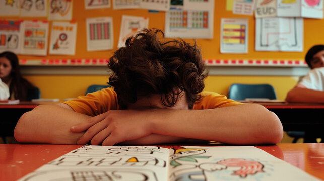 A student in a bright classroom lies with his head on his arms atop a desk, illustrating exhaustion or boredom during class.