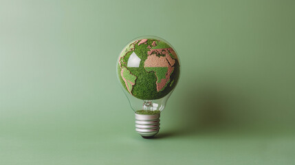 Green World Map On The Light Bulb With Green Background, Renewable Energy Environmental Protection, Renewable, Sustainable Energy Sources. Environmental Friendly. Renewable Energy. 