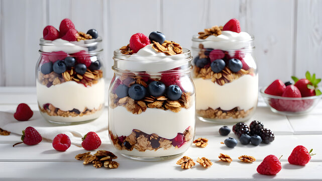 jars with tasty parfaits made of granola, berries and yogurt on white wooden table. Shot at angle