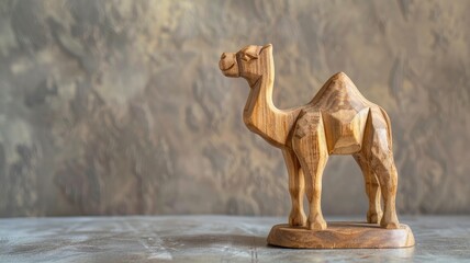 Wooden carved camel sculpture on textured background