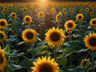 Fototapeta premium sunflower garden and sunset over the field