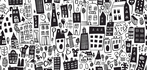 Black and white doodle pattern with hand-drawn urban elements.