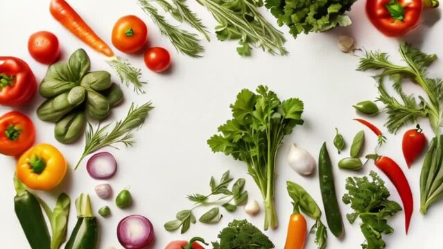 various fresh vegetables and herbs, motion