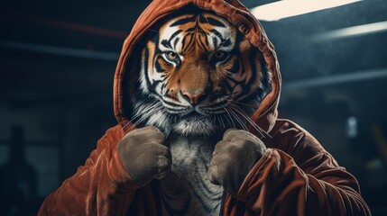 A tiger wearing a red robe is ready to fight in the ring.