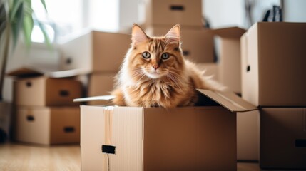 Fototapeta premium A ginger cat sitting in a cardboard box, looking out at the world with curiosity and excitement. The cat is surrounded by other boxes, ready to be packed and moved to a new home