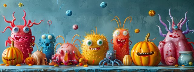 A group of colorful monsters are standing next to pumpkins