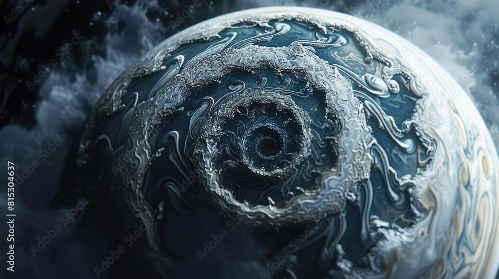 Poster a dynamic 3d rendering featuring abstract art of a surreal spherical snow covered jupiter displaying