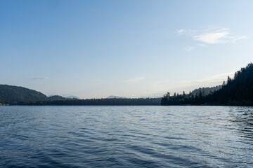 day time on mountain lake with calm water and cloudy sky