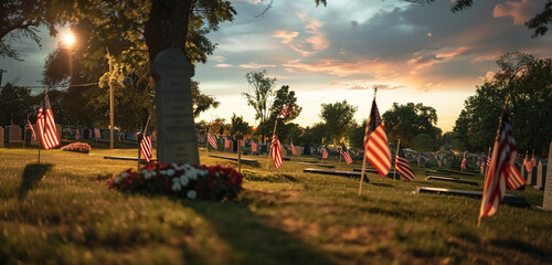 Veteran cemetery tribute flags at every grave.