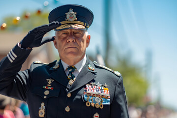 Navy veteran in uniform saluting, clear day with Memorial Day parade in the background.