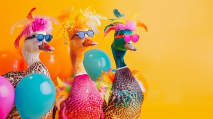 Three rubber ducks wearing sunglasses and colorful wigs are posing in front of a yellow background