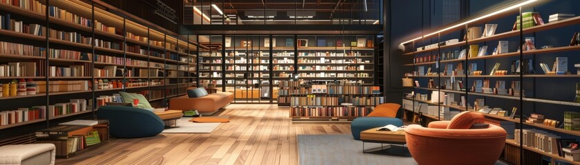 Modern bookstore with reading nooks