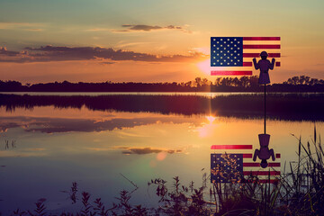 Minimalist American flag design as a praying soldier over a dawn-lit lake, Memorial Day.