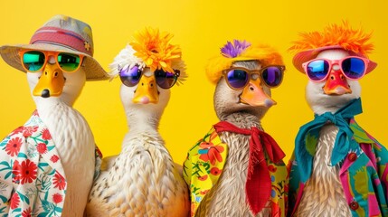 Four geese wearing sunglasses and leis are standing in a row against a yellow background