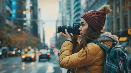 Photographer capturing candid moments in the midst of a lively cityscape.